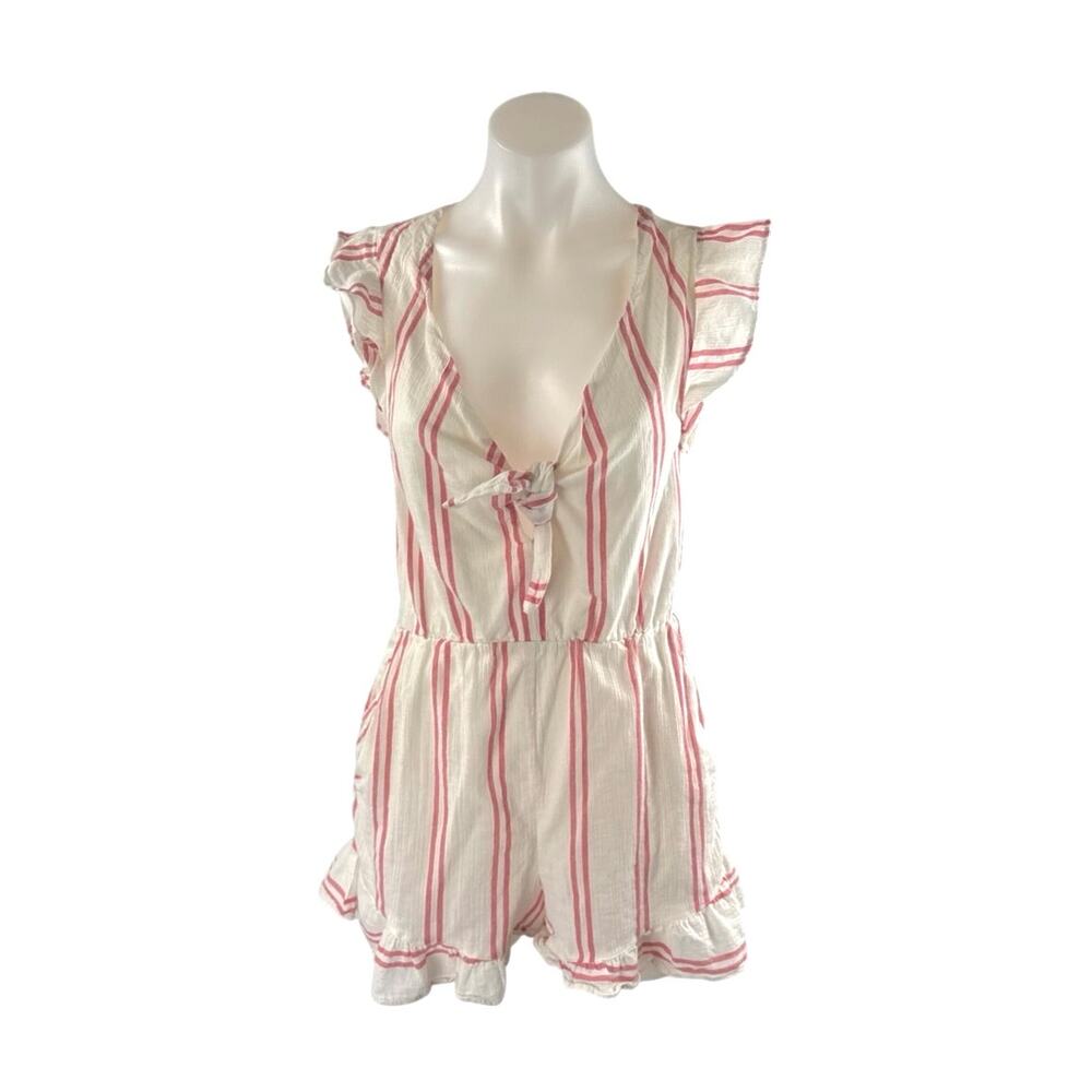 BCBGeneration White Pink Stripe Cap Sleeve Deep V Neck Ruffle Romper Jumpsuit S